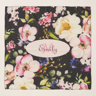 Watercolor Pink Yellow Roses on black, Monogram Scarf
