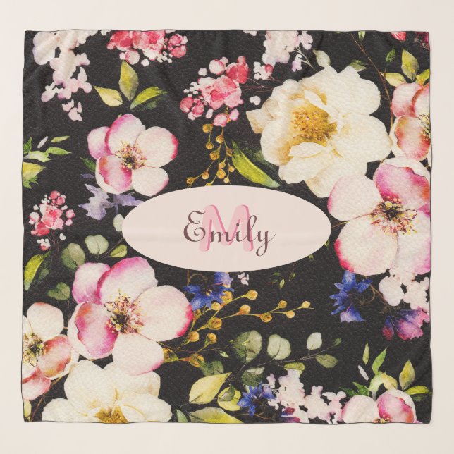 Watercolor Pink Yellow Roses on black, Monogram Scarf (Front)