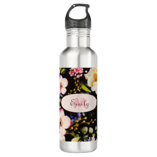 Watercolor Pink Yellow Roses on black, Monogram Stainless Steel Water Bottle