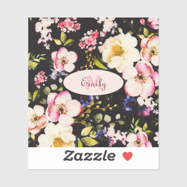 Watercolor Pink Yellow Roses on black, Monogram Sticker (Sheet)