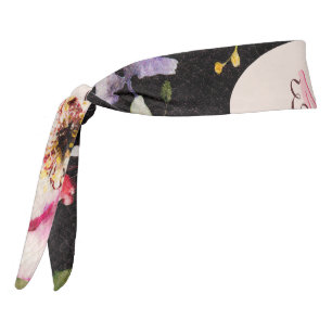 Watercolor Pink Yellow Roses on black, Monogram Tie Headband