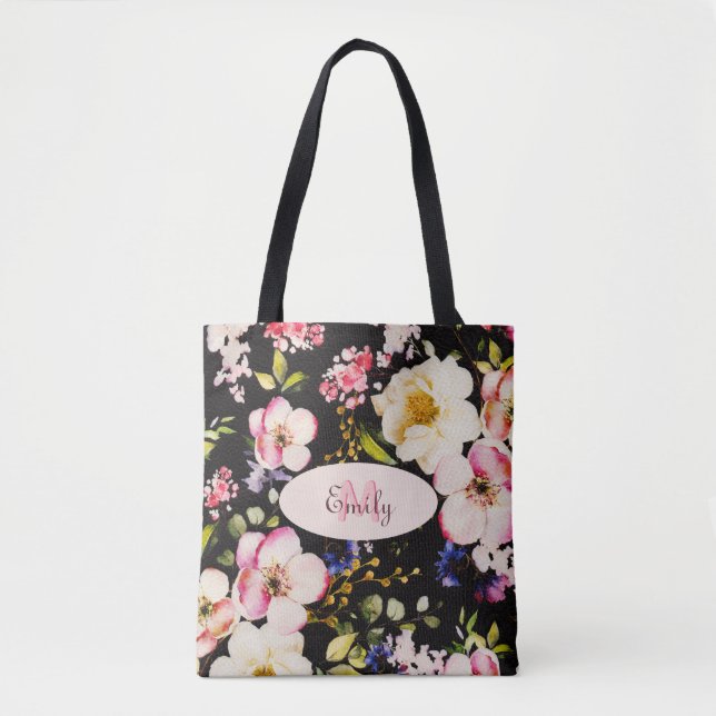 Watercolor Pink Yellow Roses on black, Monogram Tote Bag (Front)