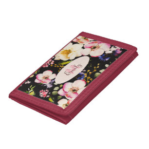 Watercolor Pink Yellow Roses on black, Monogram Trifold Wallet