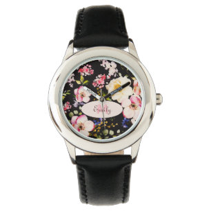 Watercolor Pink Yellow Roses on black, Monogram Watch