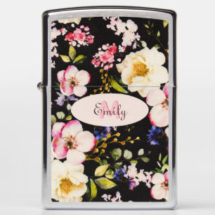 Watercolor Pink Yellow Roses on black, Monogram Zippo Lighter