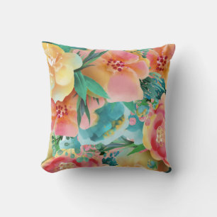 Watercolor Pink Yellow Teal Spring Floral Throw Pillow