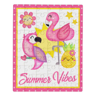 Watercolor Pink & Yellow Tropical Birds Summer Jigsaw Puzzle