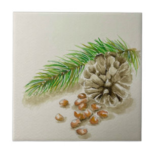 Watercolor Pinõn Nuts Pinecone New Mexico Ceramic Tile
