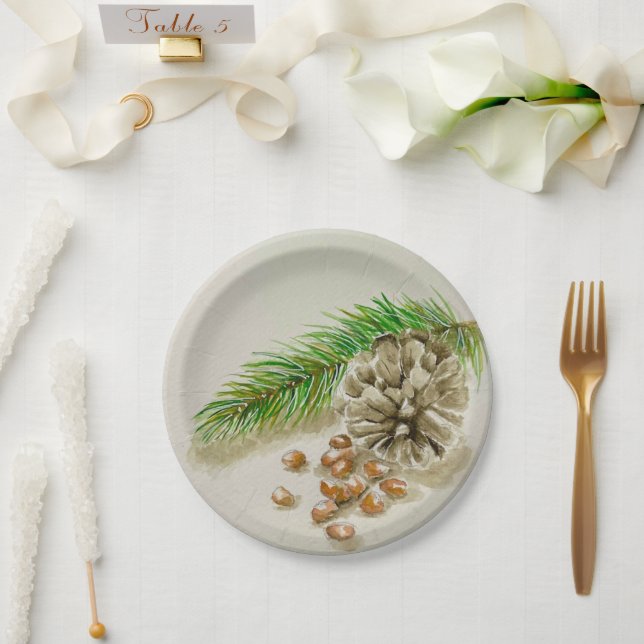 Watercolor Pinõn Nuts Pinecone New Mexico Paper Plates (Wedding)