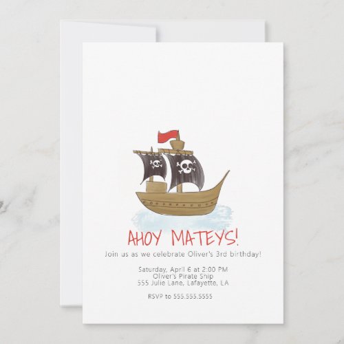 Watercolor Pirate Ship Birthday Invitation