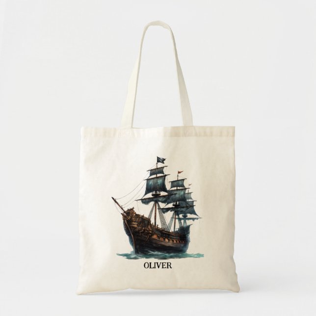 Watercolor Pirate Ship Tote Bag (Front)