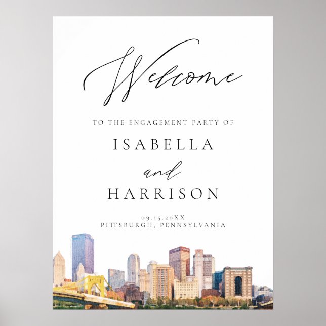 Watercolor Pittsburgh Engagement Party Welcome Poster (Front)