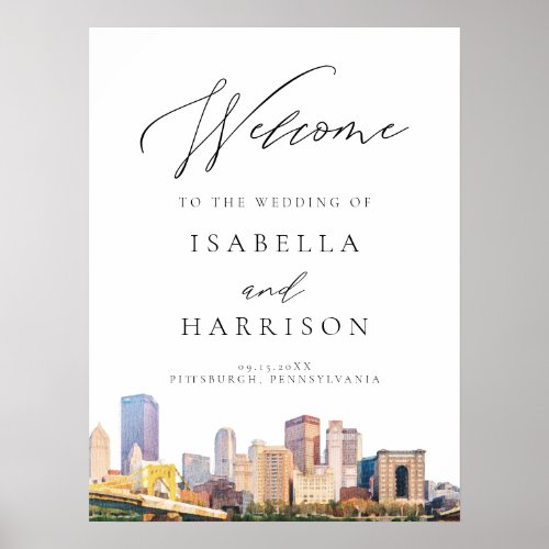 Watercolor Pittsburgh Skyline Wedding Welcome Sign