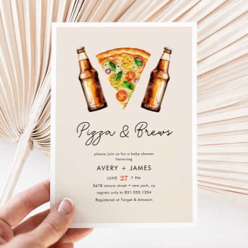 Watercolor Pizza and Brews Co Ed Baby Shower Invitation