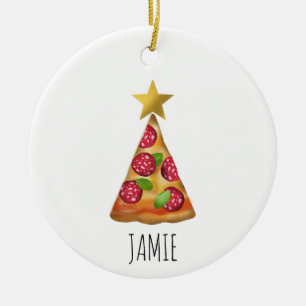 Watercolor Pizza Christmas Tree Funny Custom Name Ceramic Ornament