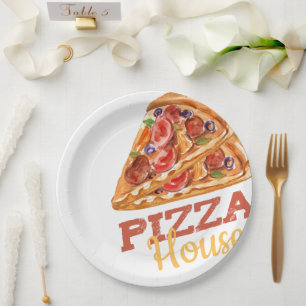 Watercolor Pizza House Food Art Logo Paper Plates