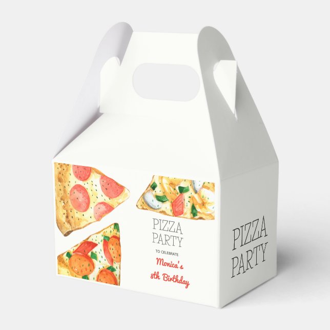 Watercolor pizza party birthday favor boxes (Front Side)