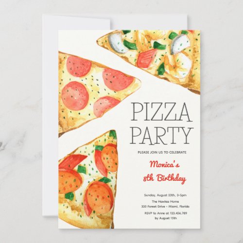 Watercolor pizza party birthday invitation