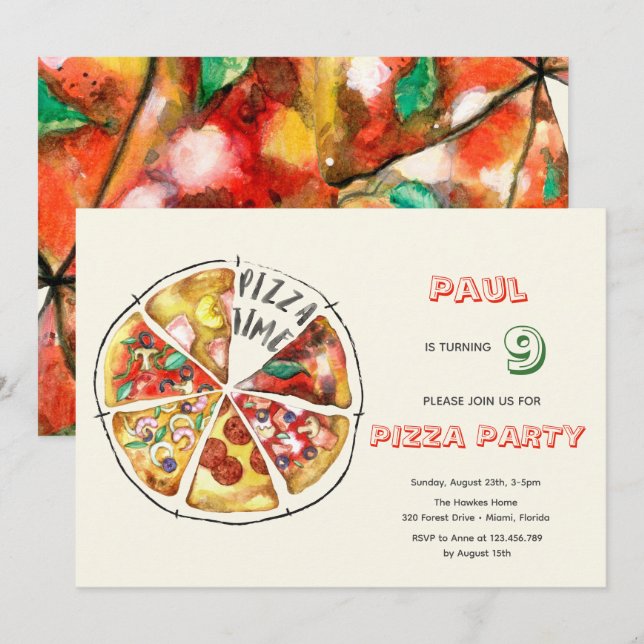 Watercolor pizza party birthday invitation (Front/Back)
