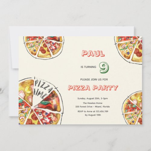 Watercolor pizza party birthday invitation