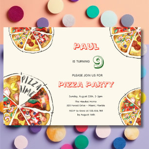 Watercolor pizza party birthday invitation