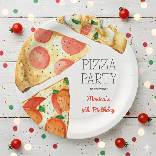 Watercolor pizza party birthday paper plates