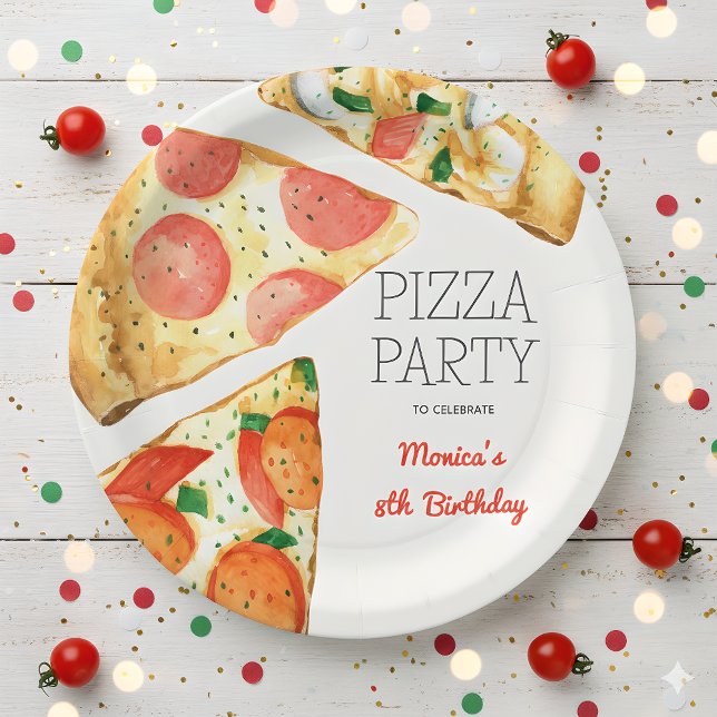 Watercolor pizza party birthday paper plates (Creator Uploaded)