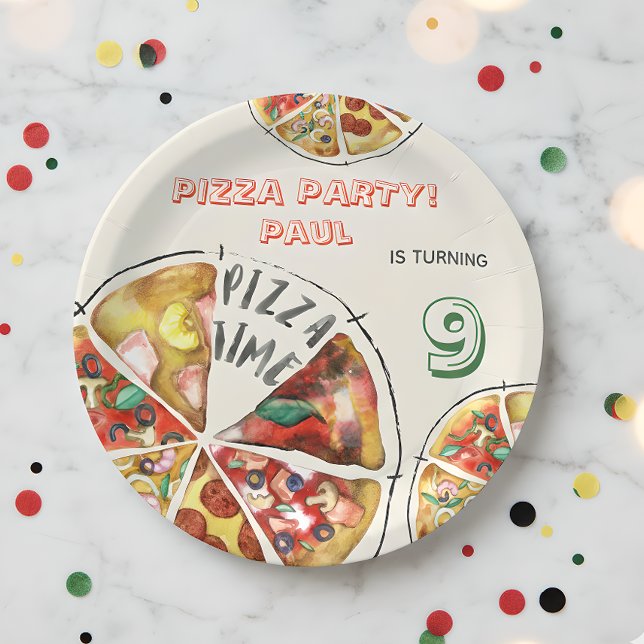 Watercolor pizza party birthday paper plates (Creator Uploaded)