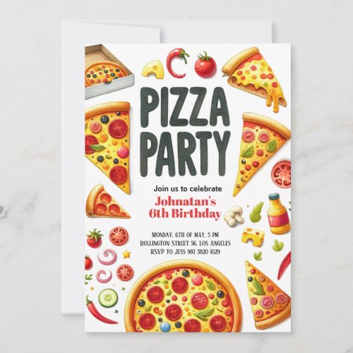 Watercolor Pizza Party Birthday Party Invitation