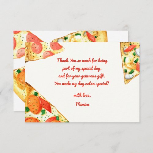 Watercolor pizza party birthday thank you card