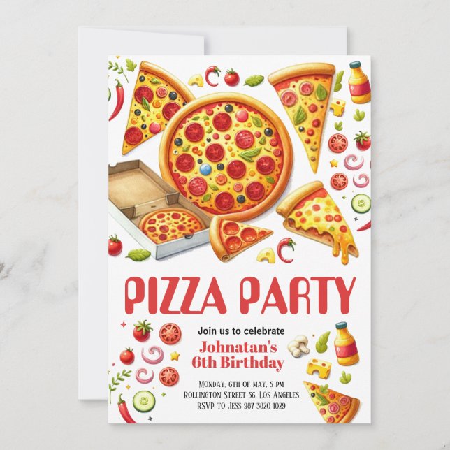 Watercolor Pizza Party Kids Birthday Party Invitation (Front)