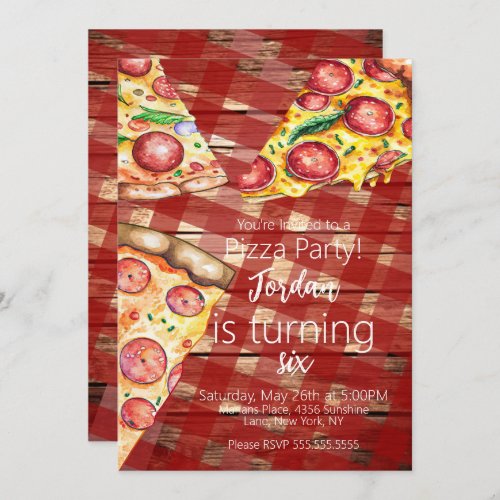 Watercolor Pizza Pie Slices Birthday Party Script  Invitation