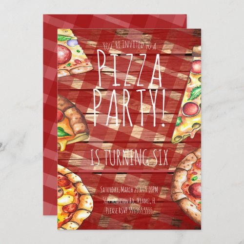 Watercolor Pizza Plaid Birthday Party Restaurant  Invitation