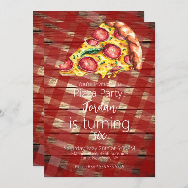 Watercolor Pizza Slices Birthday Party Script B Invitation (Front/Back)