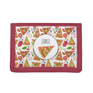 Watercolor Pizza Slices Pattern Kids Name Tri-fold Wallet