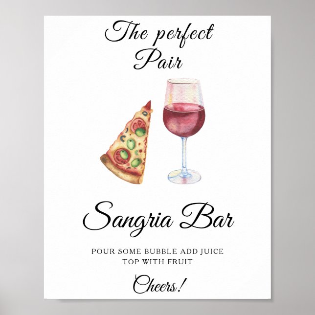 Watercolor Pizza Wine Bridal shower Sangria bar Poster (Front)