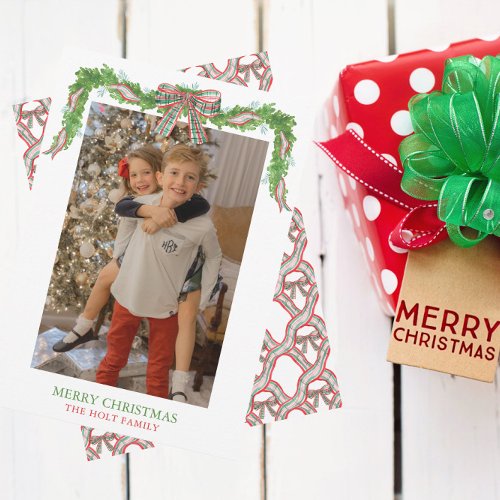 Watercolor Plaid Bow Garland Christmas Holiday Card