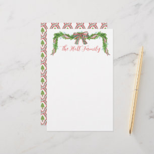 Watercolor Plaid Bow Garland Christmas Stationery