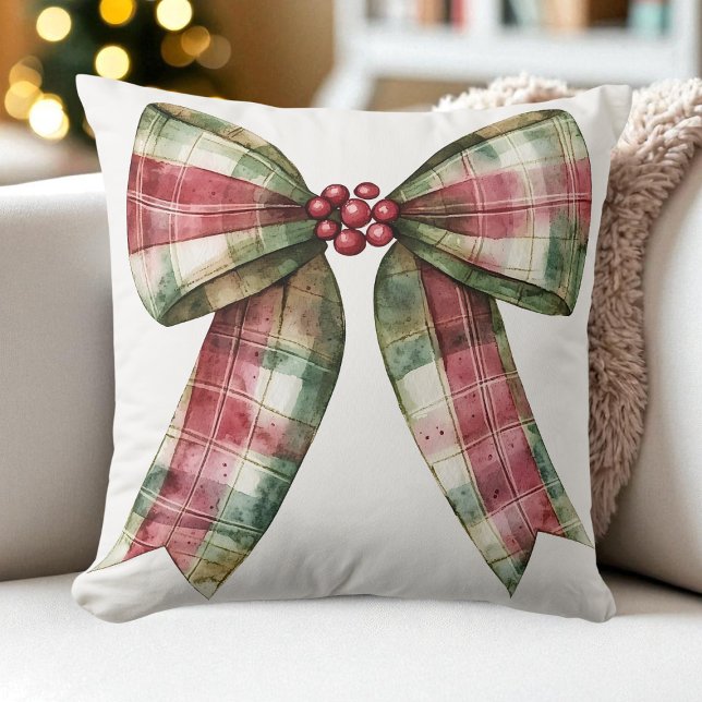 Watercolor Plaid Christmas Bow Red Green Rustic Throw Pillow (Watercolor Plaid Christmas Bow Red Green Rustic Throw Pillow)