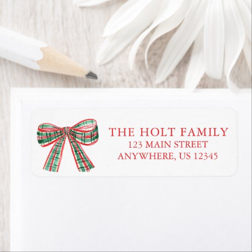 Watercolor Plaid Christmas Bow Return Address Label