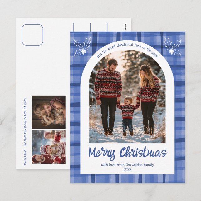 Watercolor Plaid Christmas Custom Arch 3 Photo  Holiday Postcard (Front/Back)