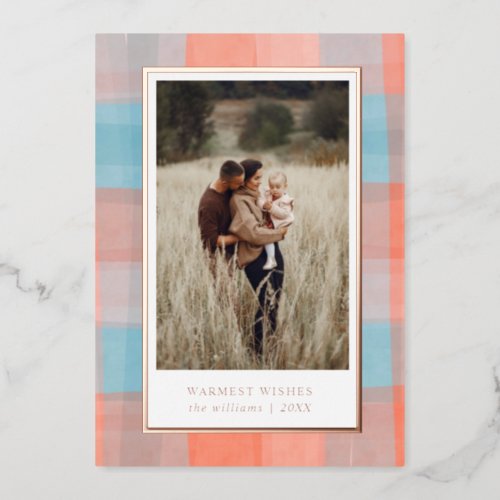 Watercolor Plaid  Coral Gray Blue Photo   Foil Holiday Card