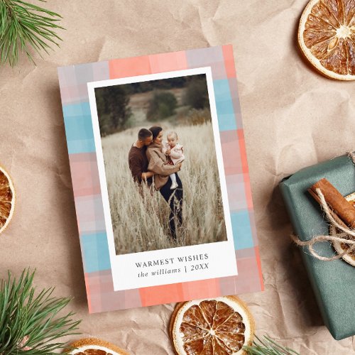 Watercolor Plaid  Coral Gray Pale Blue 2 Photo Holiday Card
