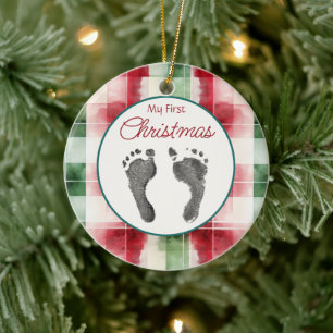 Watercolor Plaid First Christmas Your Baby's Feet  Ceramic Ornament