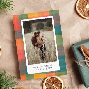 Watercolor Plaid Green Orange 2 Photo Holiday Card