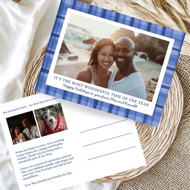 Watercolor Plaid Handmade Christmas Custom 3 Photo Holiday Postcard (Watercolor Blue Plaid Handmade Christmas Custom 3 Photo Holiday Postcard
)