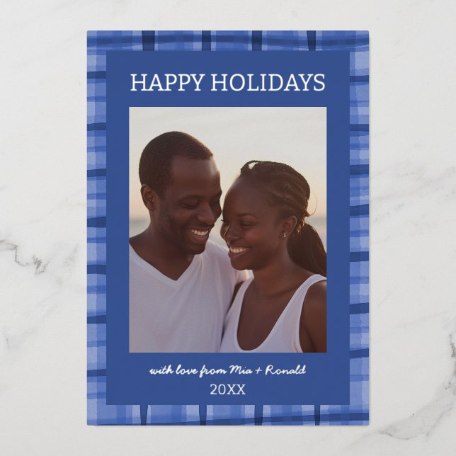 Watercolor Plaid Handmade Custom Photo Hanukkah Foil Holiday Card (Front)