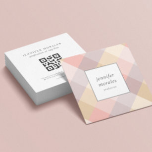Watercolor Plaid Mauve Gray Pink Cream Yellow QR  Square Business Card