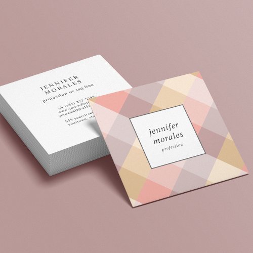 Watercolor Plaid Mauve Gray Pink Cream Yellow  Square Business Card