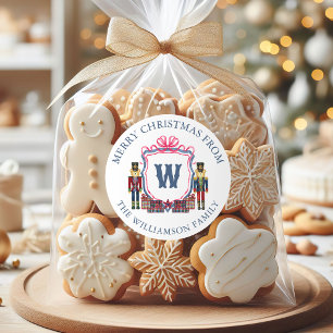 Watercolor Plaid Nutcracker Bear Monogram Crest Classic Round Sticker